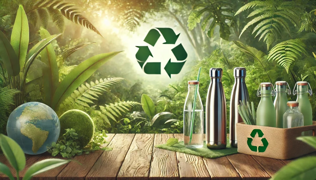 A visually appealing scene featuring BPA-free water bottles made of stainless steel and glass placed on a wooden surface in a lush natural environment